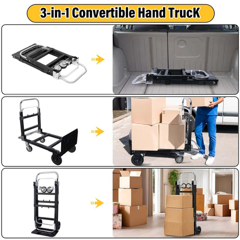 ✝️ Upgraded 3 in 1 Folding Hand Truck, 600lbs Capacity, Convertible Dolly with Retractable Handle, 4 Wheels for Home, Office Use