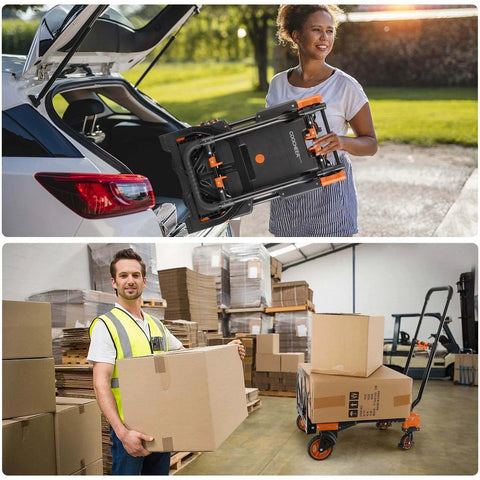 People using ✝️ 330LB Folding Hand Truck Heavy Duty Carrying in orange while loading boxes into vehicles and moving carts in a warehouse.