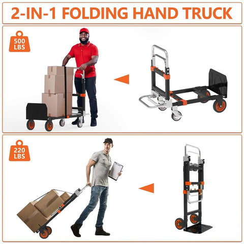 2-in-1 folding hand truck used to carry boxes, featuring steel frame, telescopic handle, foldable design, supports 500 LBS and 220 LBS.