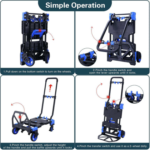 Instructions for 2-in-1 Hand Truck Dolly Foldable,330LB Capacity Hand Dolly illustrating folding and setup process with retractable handle.