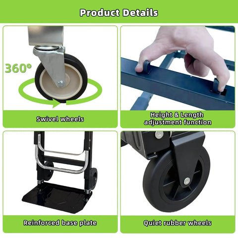 Close-up of 3 In 1 Folding Hand Truck With Retractable Handle And Four Rubber Wheels Heavy Duty Collapsible Cart 600 Lbs Capacity