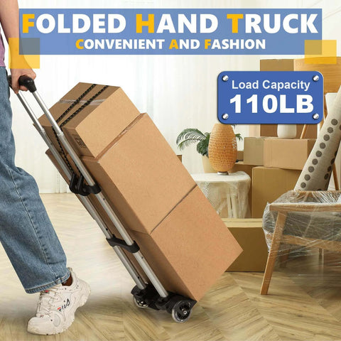 Small Folding Hand Truck Dolly with 2 Wheels carrying boxes, lightweight aluminum, foldable for moving and airport travel, 110lb capacity.
