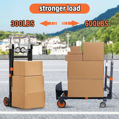 Upgraded 3 in 1 Folding Hand Truck, 500lbs Capacity Heavy Duty Convertible Dolly cart with Rubber Wheels loaded with boxes