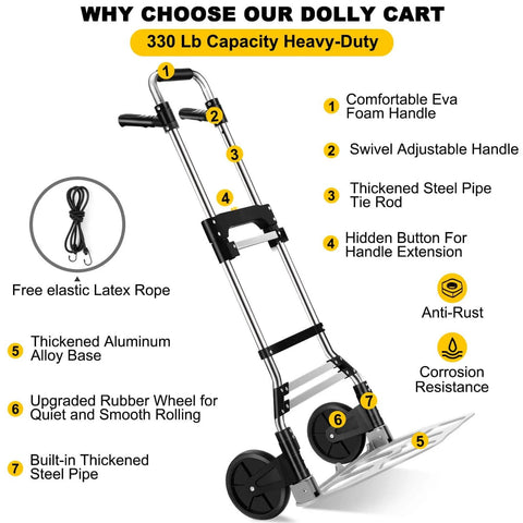 330 LB Capacity Folding Hand Truck Dolly Cart with telescoping handle, rubber wheels, and accessories for versatile moving use