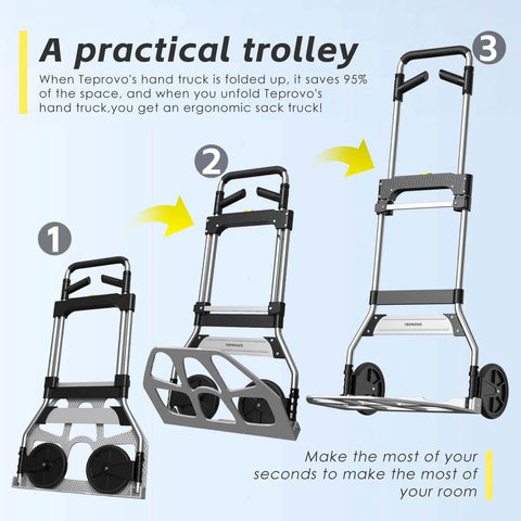 Step-by-step folding of the 340LB Capacity Portable Aluminum Dolly Cart with Telescoping Handle and 7 Inch Rubber Wheels