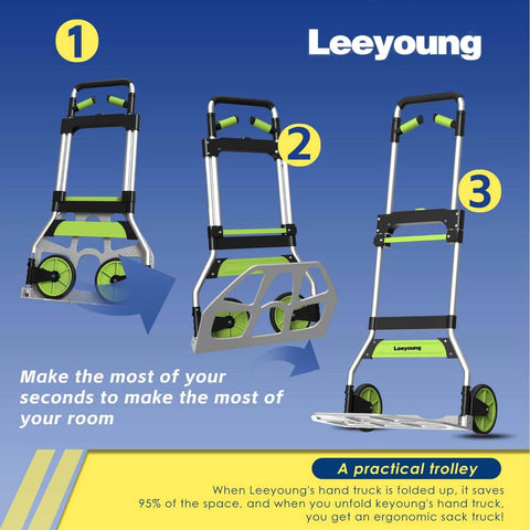 Three stages of the ✝️ Folding Hand Truck and Dolly,309 lb Capacity Aluminum Portable Cart with Telescoping Handle and PP+EVA Wheels.