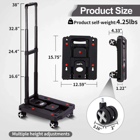 Folding Hand Truck Lightweight Hand Truck Dolly Foldable with 4 rotate wheels, adjustable handle, and collapsible design in black.