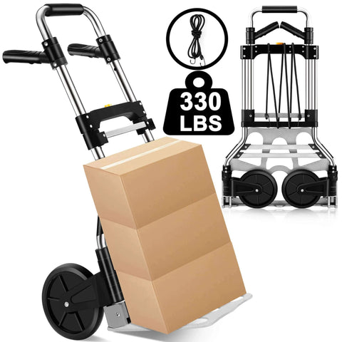 330 LB Capacity Folding Hand Truck Dolly Cart with cardboard box, portable aluminum dolly with telescoping handle and rubber wheels