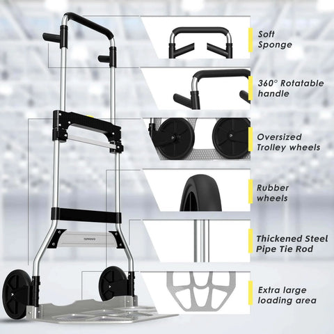 Folding Hand Truck Dolly Cart with 340LB Capacity, telescoping handle, 7 inch rubber wheels, and thickened steel pipe for various uses.