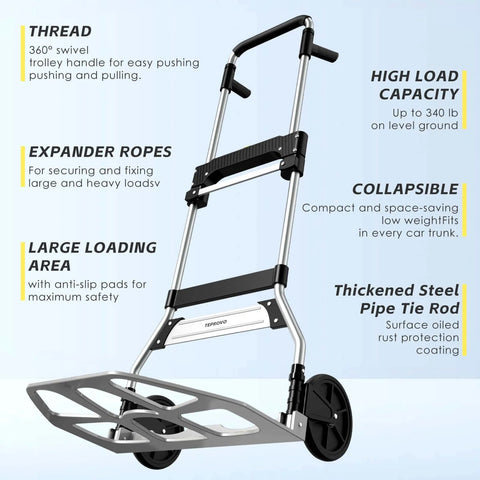 ✝️ Folding Hand Truck Dolly Cart,340LB Capacity Portable Aluminum Dolly Cart with Telescoping Handle and 7 Inch Rubber Wheels, side view