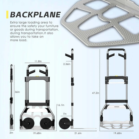 Diagram of Folding Hand Truck Dolly Cart with 340LB capacity, telescoping handle, and 7-inch rubber wheels, showing dimensions and backplane design.
