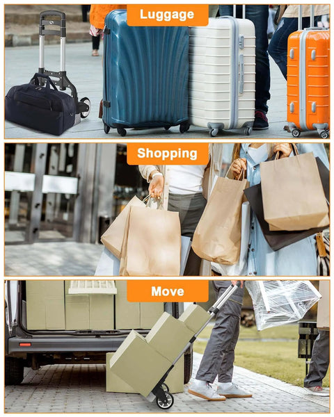 Folding Hand Truck, Dolly Cart with Wheels Foldable used for moving luggage, shopping bags, and boxes for travel, shopping, and office moves.