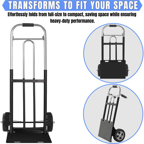 Folding Hand Truck Dolly - 600 LB Capacity, Heavy-Duty Wheels, Compact Design for Warehouses and Homes