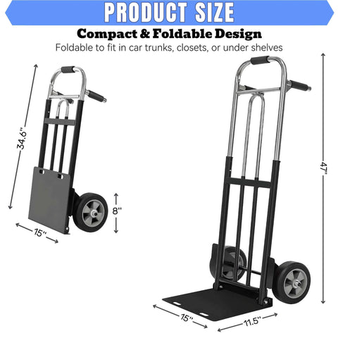 ✝️ Folding Hand Truck Dolly - 600 LB Capacity with heavy-duty wheels shown folded and unfolded, compact for storage