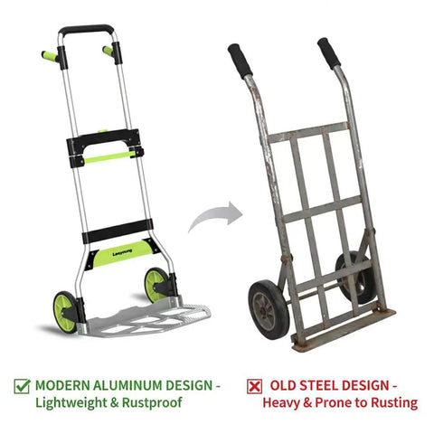 Comparison of modern Folding Hand Truck and Dolly, 309 lb Capacity Aluminum Portable Cart with Telescoping Handle and old steel model.