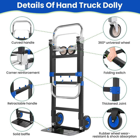 3-in-1 Folding Hand Trucks, 600Lbs Convertible Hand Truck Dolly with retractable handle and rubber wheels, detailed features view