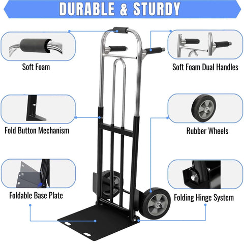Diagram of Folding Hand Truck Dolly - 600 LB Capacity, showing soft foam handles, rubber wheels, foldable base, and durable design.