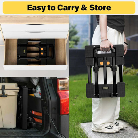 Person carrying Folding Hand Truck 500 LB, Portable Heavy Duty Dolly Cart with 4 Wheels & Extendable Plate, shown stored easily in drawer.