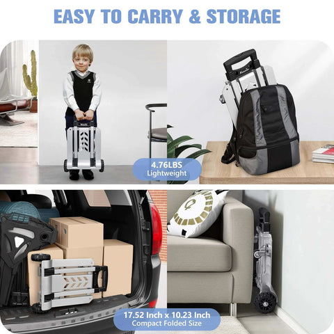 Collage showing uses of 270LBS Utility Luggage Cart with 4 Wheels, 100% Aluminum Hand Truck Dolly in home and travel settings.