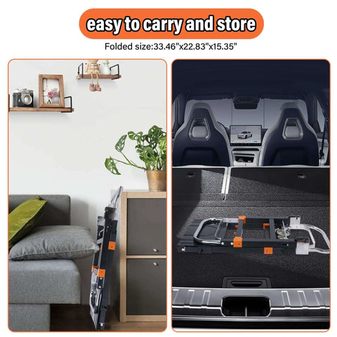 Upgraded 3 in 1 Folding Hand Truck stored in a car trunk and beside furniture, highlighting compactness for easy storage.