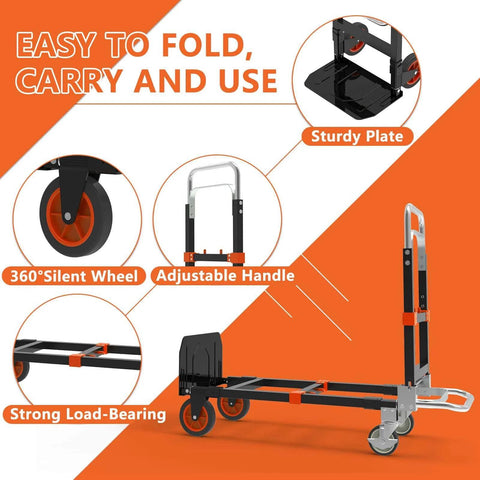 3 in 1 Heavy Duty Folding Hand Truck showing adjustable handle, sturdy plate, and 360° silent wheel, 500 LBS capacity