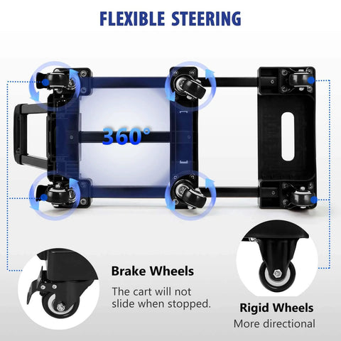Bottom view of 600 LBS Folding Hand Truck with 6 Wheels(2 with Brake), showing swivel and rigid wheels for flexible steering.