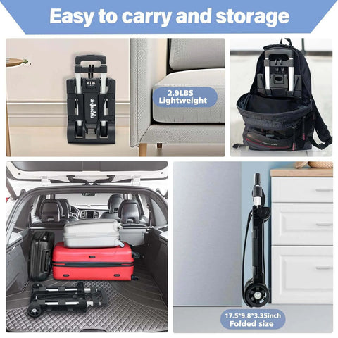 Folding Hand Truck Aluminum Trolley folded and stored in backpack and car trunk, lightweight 2.9 lbs, collapsible 2 wheel luggage trolley.