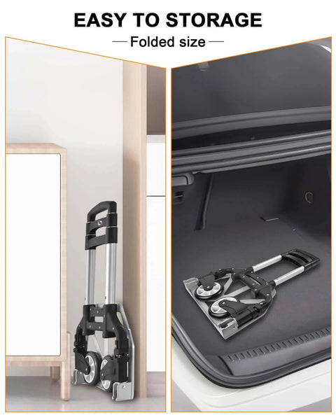 Folding Hand Truck, Dolly Cart with Wheels Foldable stored upright beside a cabinet and in a car trunk, showing lightweight design.