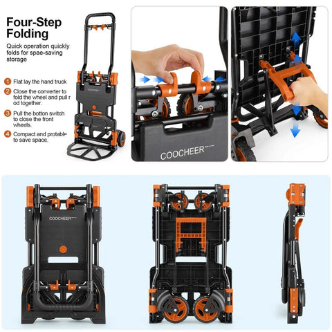 330LB Folding Hand Truck Heavy Duty Carrying, black and orange dolly cart with convertible wheels and retractable handle for moving.