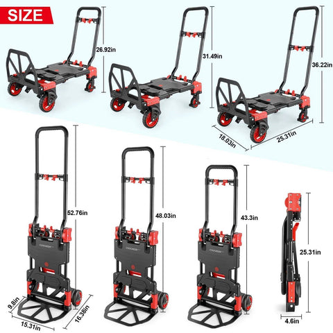 Dimensions and views of 330LB Folding Hand Truck Heavy Duty Carrying, four-wheeled convertible dolly cart with retractable handle.