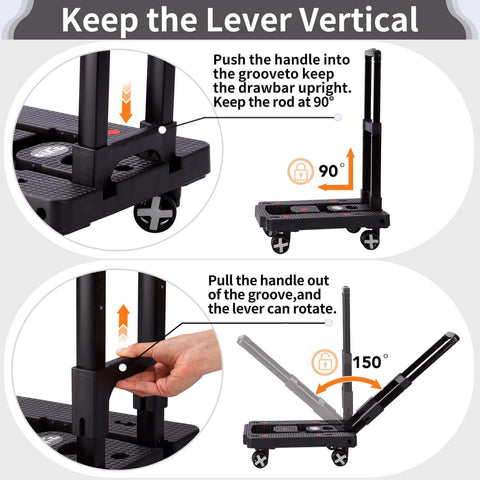 Diagram showing how to adjust the handle of a Folding Hand Truck Lightweight Hand Truck Dolly Foldable, with rotation angles.