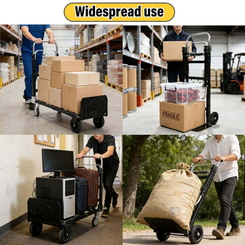 Collage of Upgraded 3 in 1 Folding Hand Truck, 600lbs Capacity, Heavy Duty Dolly in use at warehouse and outdoors, black