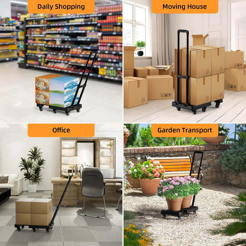 Folding heavy duty hand truck 500 lb luggage cart with 6 wheels and straps in various settings: shopping, moving, office, and garden.
