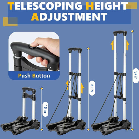 Adjustable telescoping handle of ✝️ Small Folding Hand Truck Dolly with 2 Wheels, Foldable Luggage Cart, showcasing different height settings.