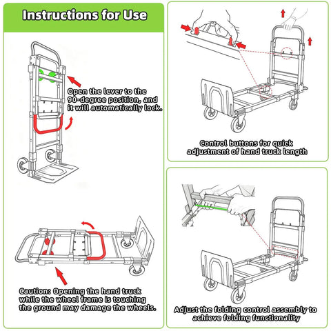 Instructions for using 3 In 1 Folding Hand Truck With Retractable Handle And Four Rubber Wheels Heavy Duty Collapsible Cart 600 Lbs