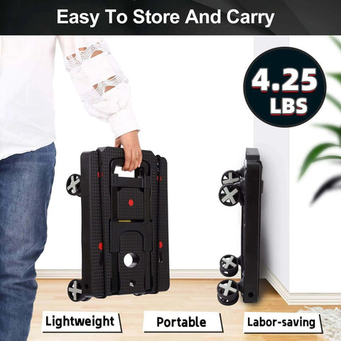 Person holding a black Folding Hand Truck Lightweight Hand Truck Dolly Foldable with 4 rotate wheels and adjustable handle, 4.25 lbs
