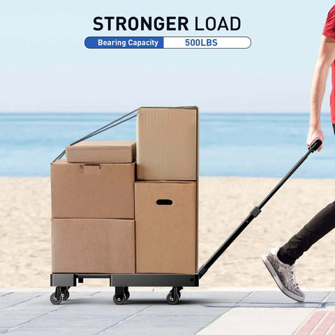 ✝️ Folding Hand Truck, 500 LB Heavy Duty Luggage Cart with boxes on the beach, showing 6 wheels and handle for easy transport.