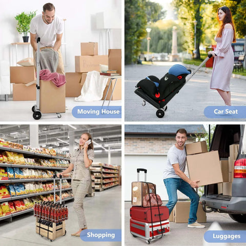 270LBS Utility Luggage Cart with 4 Wheels used for moving house, car seat transport, shopping, and luggage handling.
