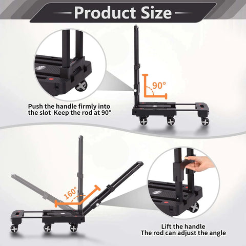 Adjustable height and angle illustration of Folding Hand Truck Lightweight Hand Truck Dolly Foldable, Luggage cart with 6 Rotate Wheels, Utility Cart with Adjustable Handle, Collapsible Dolly for Moving (Black).
