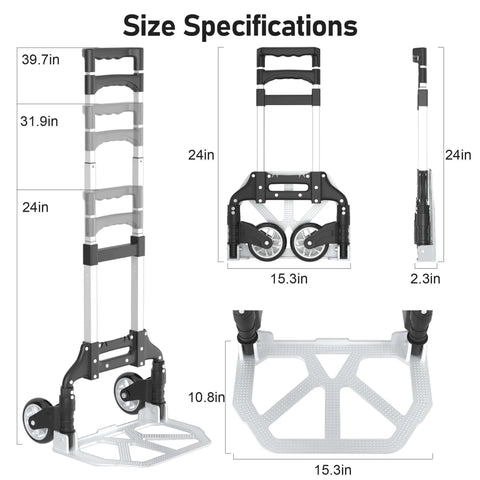 Size specifications of ✝️ Folding Hand Truck - Aluminum Portable Dolly Cart with Telescopic Handle, Bungee Cord, Black