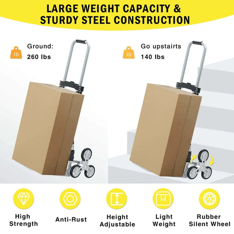 260 LBS Stair Climbing Cart, Aluminum Trolley Dolly for Stairs with cardboard boxes, showing weight capacity on ground and stairs.