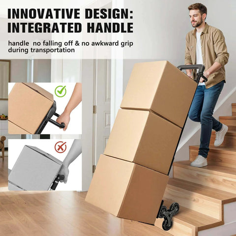 460 LBS Stair Climbing Dolly in use on stairs carrying boxes, folding dolly cart with wheels, telescoping handle, thickened steel construction.