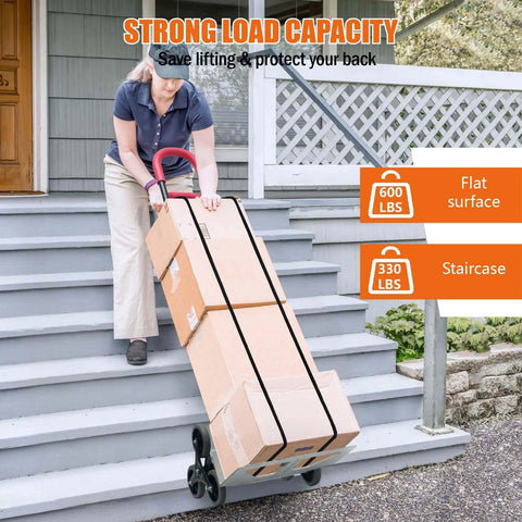 Person using Aluminum Stair Climbing Cart, 600 lbs Capacity Stair Climber Hand Truck Dolly on stairs with boxes