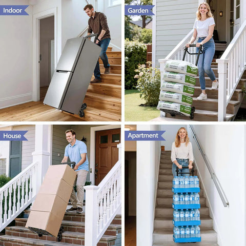 460 LBS Stair Climbing Dolly in use for moving fridge, garden supplies, boxes, and water bottles on stairs