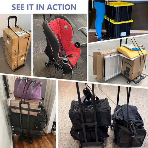 Collage of Foldable Luggage Cart for Travel & Moving, 290lbs Dolly Cart with Wheels carrying boxes, car seat, and luggage bags