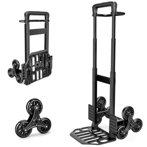 460 LBS Stair Climbing Dolly with telescoping handle, thickened steel and triangular wheels for stairs; front and folded views.