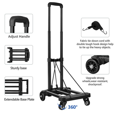 Foldable Luggage Cart for Travel & Moving, 290lbs Dolly Cart with Wheels, showing handle, tie-down cord, and expandable baseplate features.