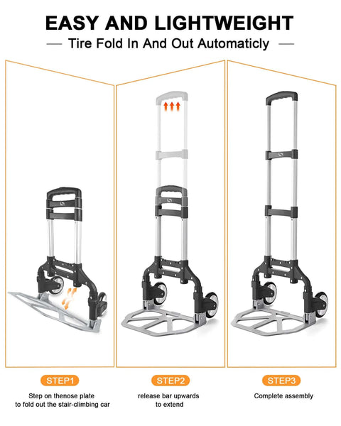 Steps to fold and unfold the ✝️ Folding Hand Truck, Dolly Cart with Wheels Foldable, Lightweight Aluminum Luggage Cart for utility use.