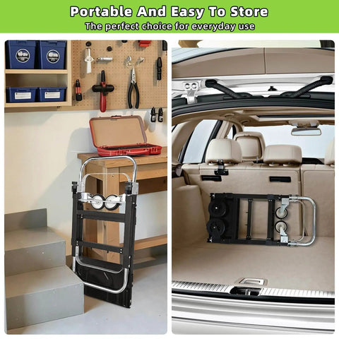 3 In 1 Folding Hand Truck With Retractable Handle And Four Rubber Wheels Heavy Duty Collapsible Cart 600 Lbs Capacity No Assembly Required Converts From 2 Wheel Upright Carrier To 4 Wheel Dolly Great For Home Office Food Service And Warehouse shown stored on stairs and in car trunk