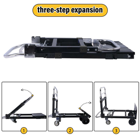 Upgraded 3 in 1 Folding Hand Truck, 600lbs Capacity, Heavy Duty Convertible Dolly showing three-step expansion process